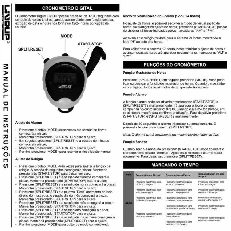 Marcador de hora, minutos, segundos, dia da semana, mês e data. Cronômetro de precisão de 1/100 segundos. Alarme diário com função soneca. Exibição de horas nos formatos 12 ou 24 horas configurado por opção do usuário.